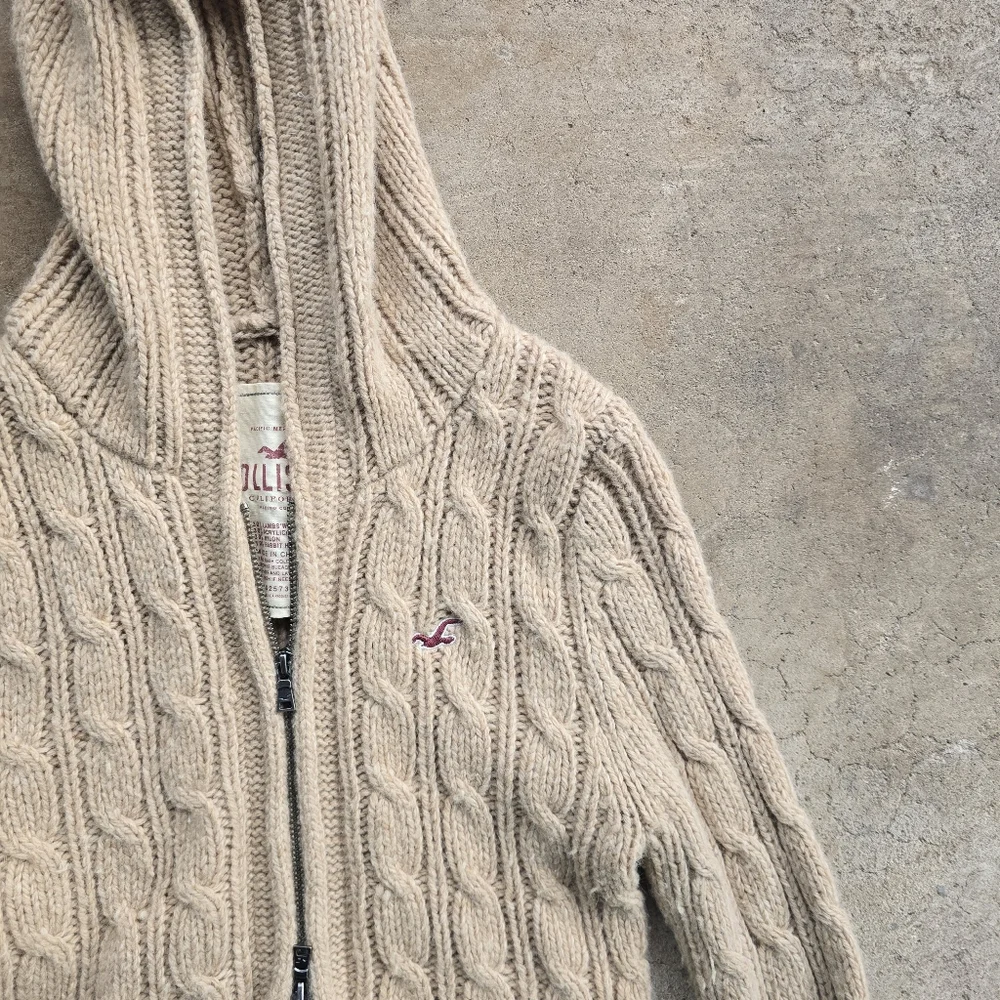 Vintage Y2K Hollister Hoodie Chunky Cable Knit Full Zip Jacket Sweater Swan L - Picture 4 of 5